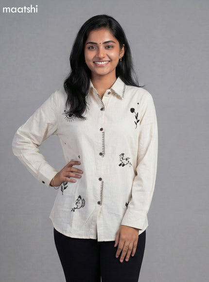 Off White Cotton Embroidered Women Shirt
