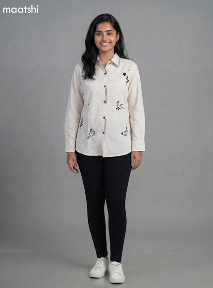 Off White Cotton Embroidered Women Shirt