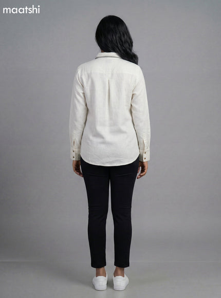 Off White Cotton Embroidered Women Shirt