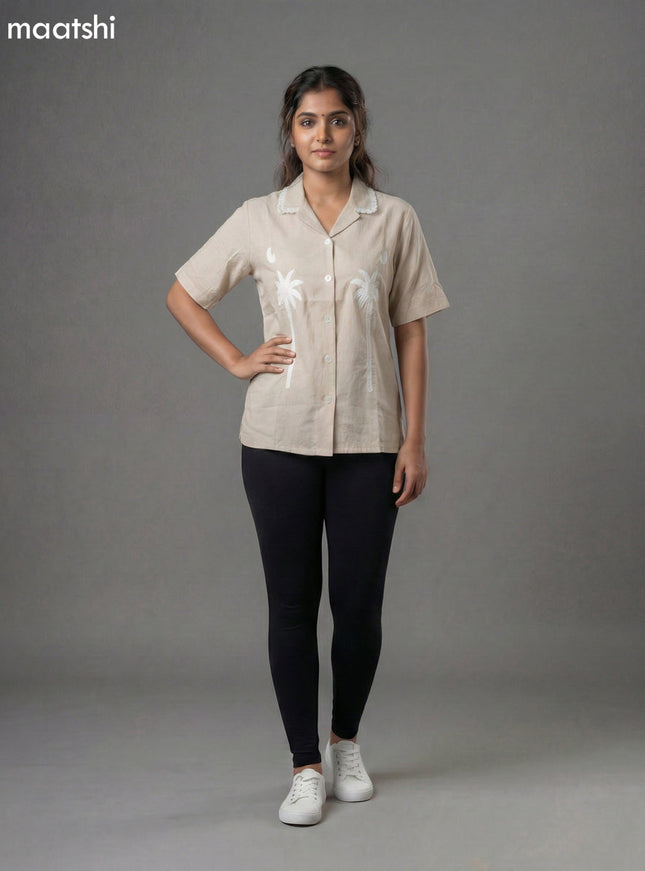 Pastel Brown Cotton Embroidered Women Shirt