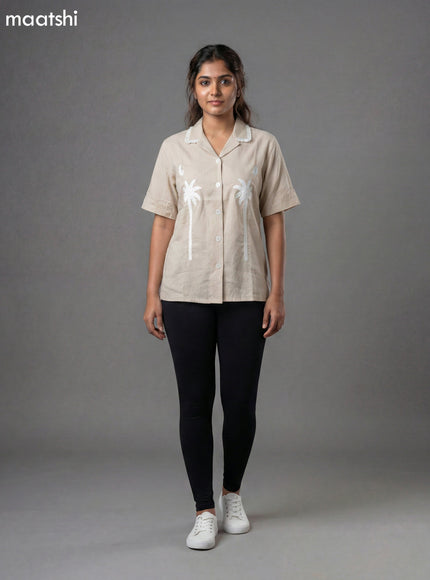 Pastel Brown Cotton Embroidered Women Shirt