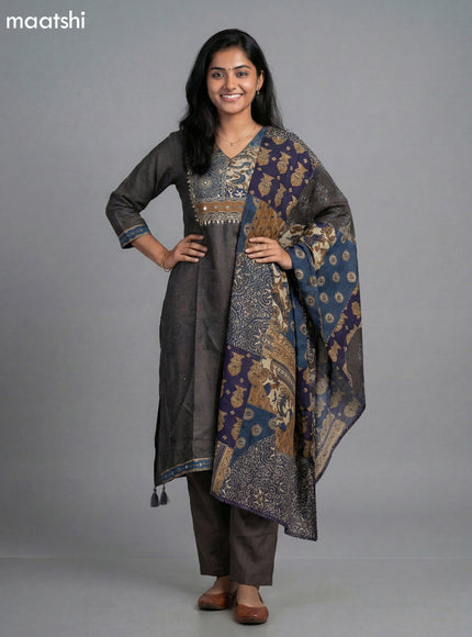 Elephant Grey Muslin Ajrakh Printed Fish Cut Suit and Straight Cut Pant