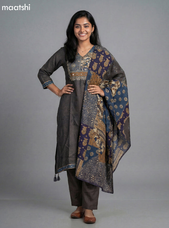 Elephant Grey Muslin Ajrakh Printed Fish Cut Suit and Straight Cut Pant