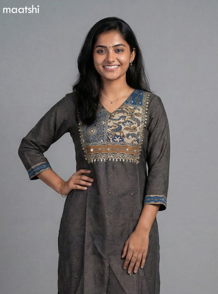 Elephant Grey Muslin Ajrakh Printed Fish Cut Suit and Straight Cut Pant
