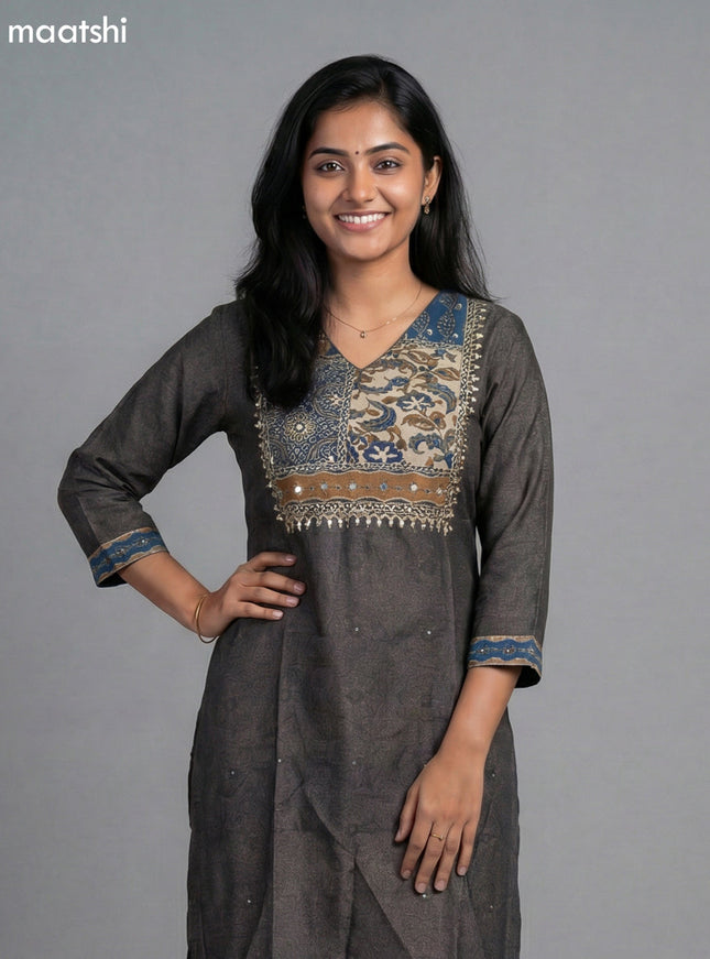 Elephant Grey Muslin Ajrakh Printed Fish Cut Suit and Straight Cut Pant