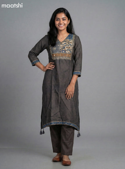 Elephant Grey Muslin Ajrakh Printed Fish Cut Suit and Straight Cut Pant