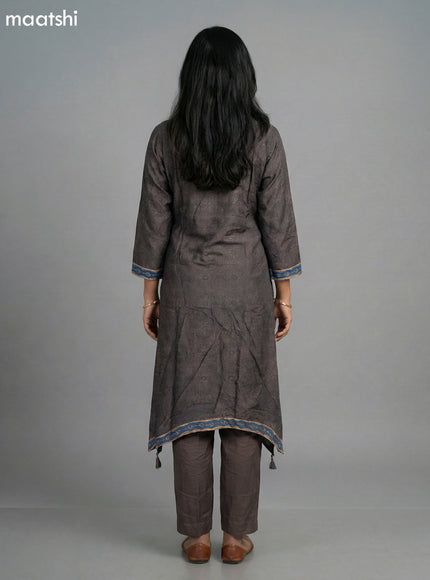 Elephant Grey Muslin Ajrakh Printed Fish Cut Suit and Straight Cut Pant