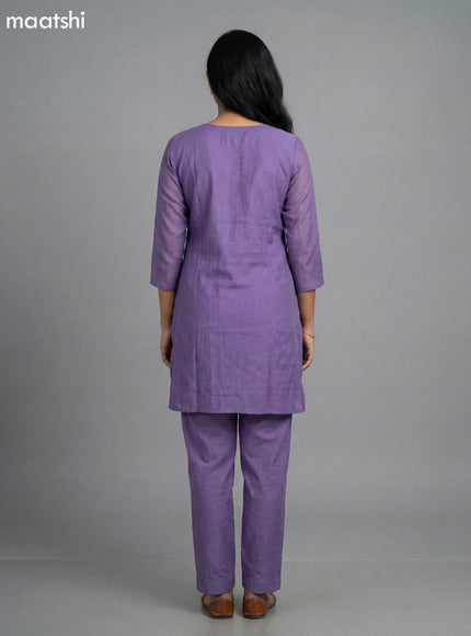 Lavender Mul Chanderi Embroidery Work Short Kurti Set Straight Cut Pant