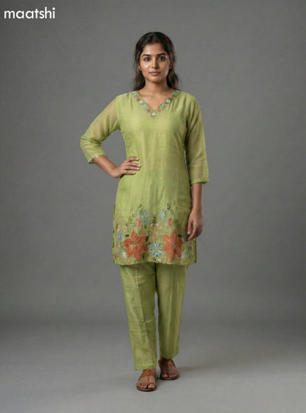 Light Green Mul Chanderi Embroidery Work Short Kurti Set