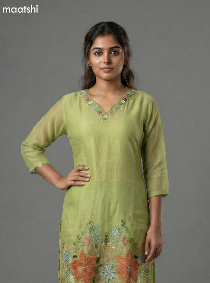 Light Green Mul Chanderi Embroidery Work Short Kurti Set