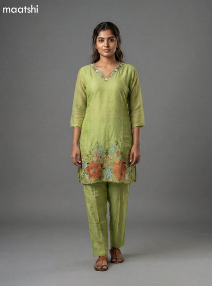 Light Green Mul Chanderi Embroidery Work Short Kurti Set