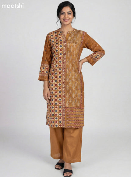 Dark Mustard Crepe Silk Ajrakh Printed Kurti Set Semi Palazzo Pant
