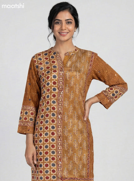 Dark Mustard Crepe Silk Ajrakh Printed Kurti Set Semi Palazzo Pant