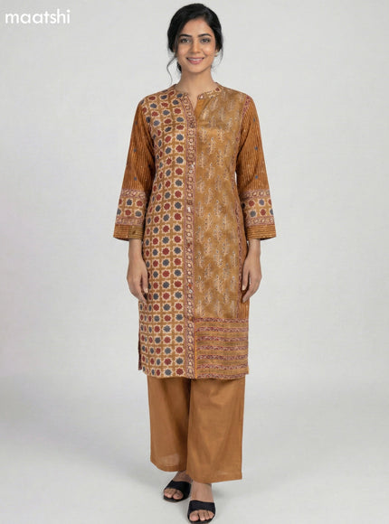 Dark Mustard Crepe Silk Ajrakh Printed Kurti Set Semi Palazzo Pant