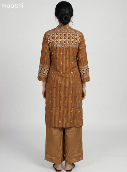 Dark Mustard Crepe Silk Ajrakh Printed Kurti Set Semi Palazzo Pant