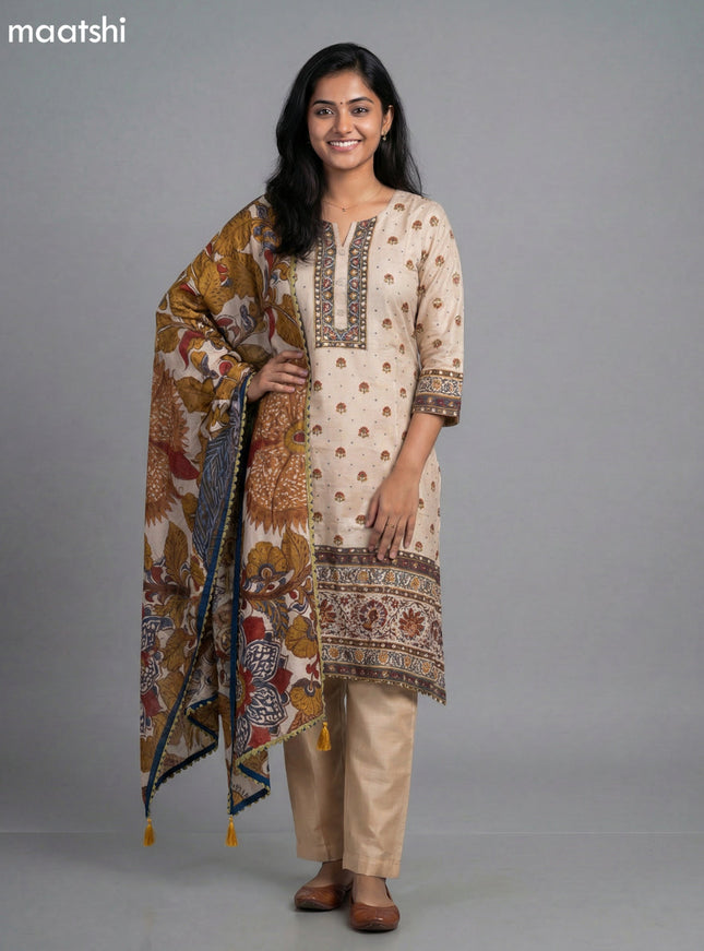 Cream Muslin Kalamkari Printed Fish Cut Suit
