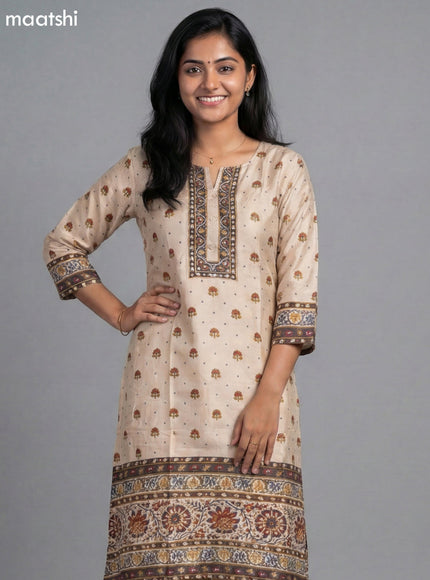 Cream Muslin Kalamkari Printed Fish Cut Suit