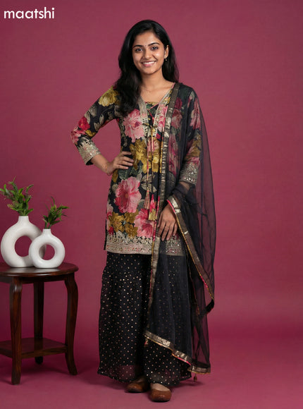 Black Crepe Silk Floral Printed Short Straight Suit