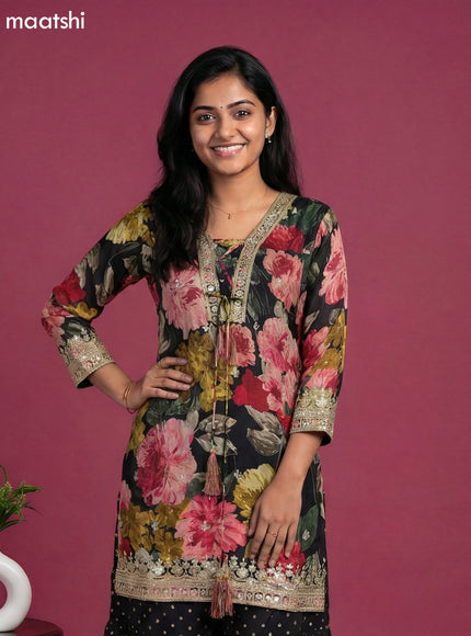 Black Crepe Silk Floral Printed Short Straight Suit