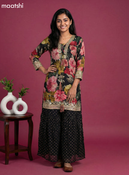 Black Crepe Silk Floral Printed Short Straight Suit