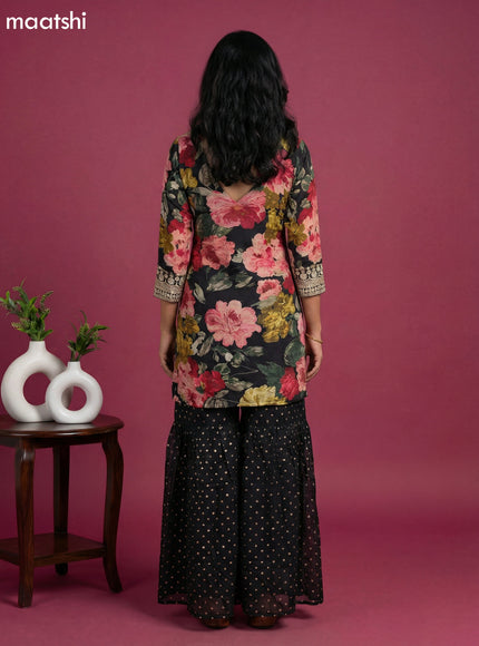 Black Crepe Silk Floral Printed Short Straight Suit