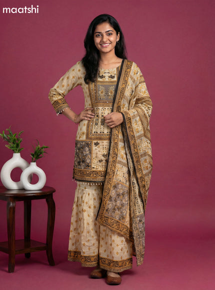 Cream and Black Crepe Silk Floral Printed Short Straight Suit