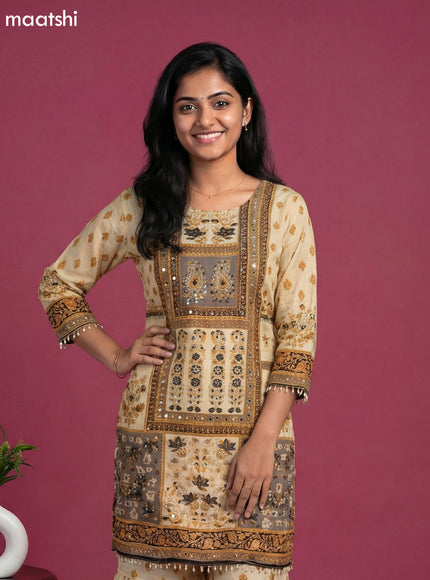 Cream and Black Crepe Silk Floral Printed Short Straight Suit