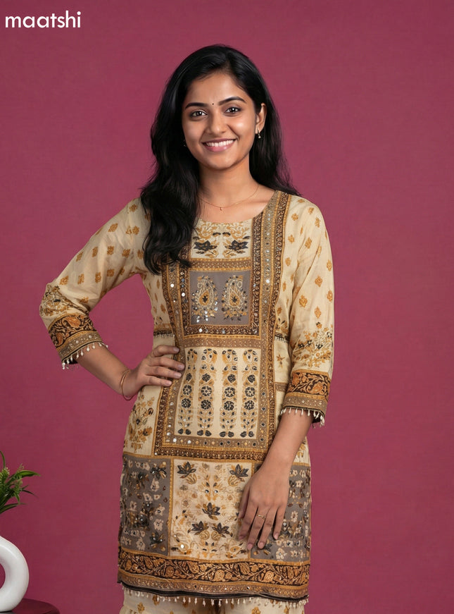 Cream and Black Crepe Silk Floral Printed Short Straight Suit