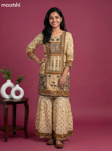 Cream and Black Crepe Silk Floral Printed Short Straight Suit
