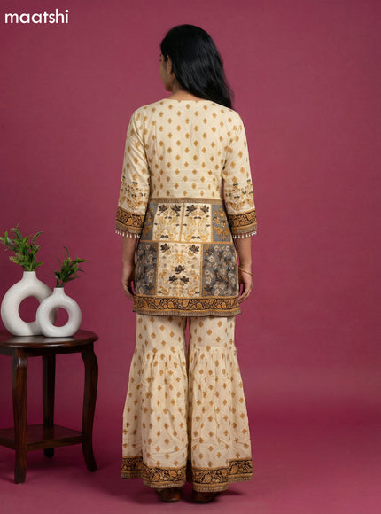 Cream and Black Crepe Silk Floral Printed Short Straight Suit