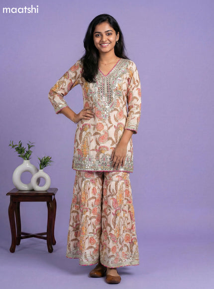 Cream Muslin Printed Short Straight Suit