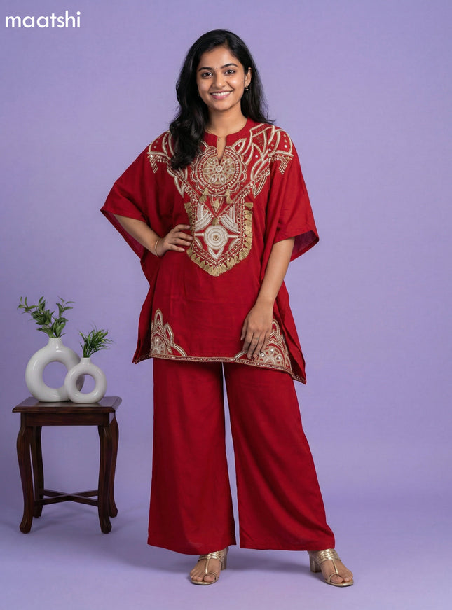 Kumkum Red Cotton Embroidery Work Kaftan Dress