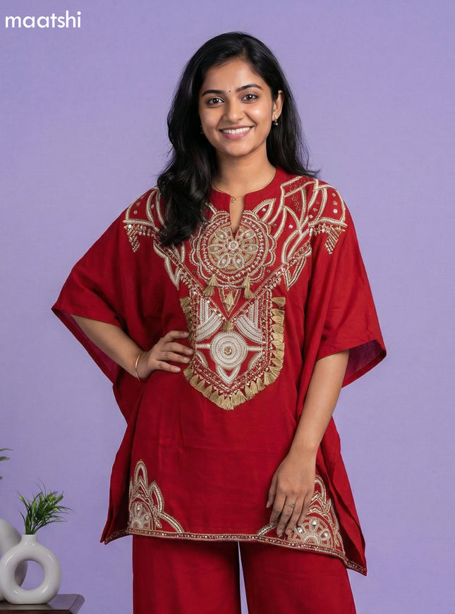 Kumkum Red Cotton Embroidery Work Kaftan Dress