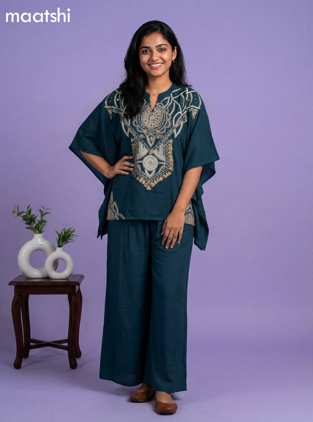Peacock Green Cotton Embroidery Work Kaftan Dress