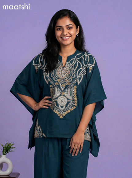 Peacock Green Cotton Embroidery Work Kaftan Dress