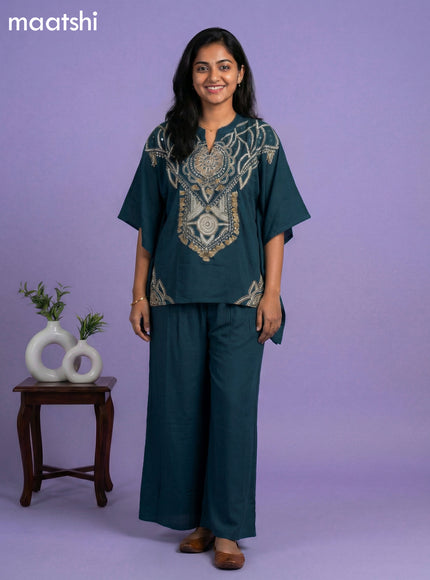Peacock Green Cotton Embroidery Work Kaftan Dress