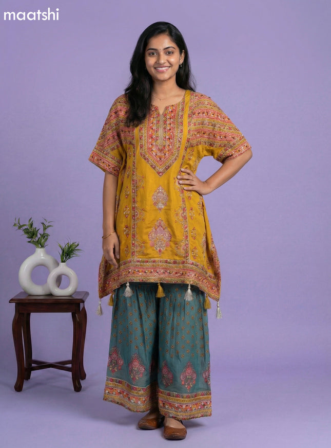 Mustard Crepe Silk Printed & With Slip Kaftan Dress
