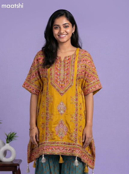 Mustard Crepe Silk Printed & With Slip Kaftan Dress