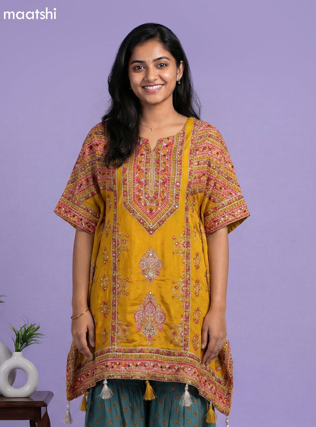 Mustard Crepe Silk Printed & With Slip Kaftan Dress