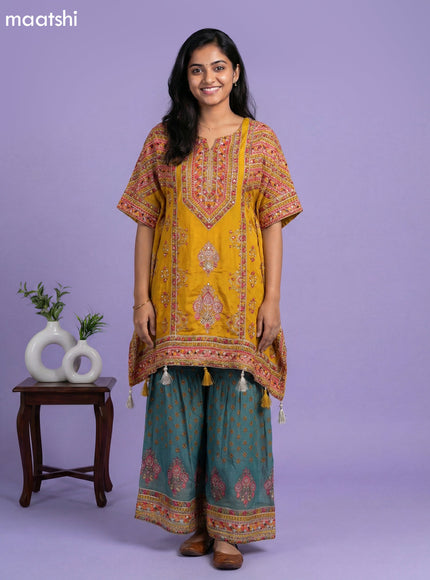 Mustard Crepe Silk Printed & With Slip Kaftan Dress
