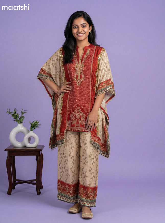 Cream and Maroon Crepe Silk Printed Kaftan Dress
