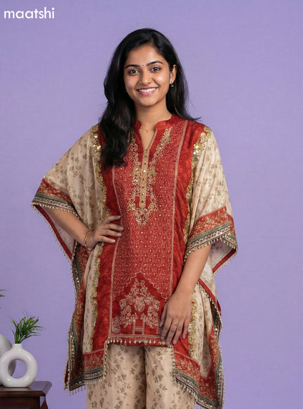 Cream and Maroon Crepe Silk Printed Kaftan Dress