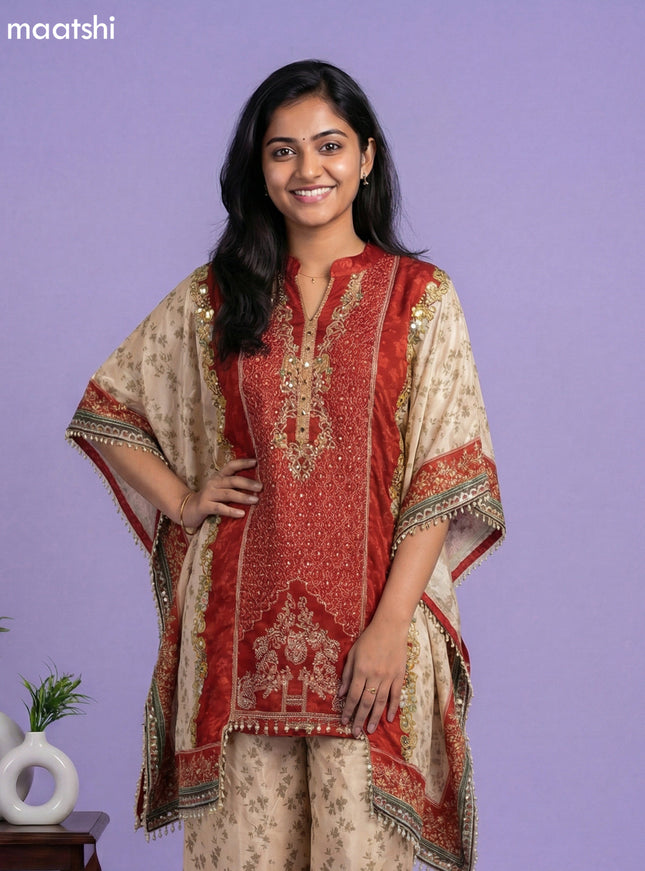 Cream and Maroon Crepe Silk Printed Kaftan Dress