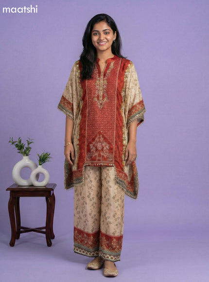 Cream and Maroon Crepe Silk Printed Kaftan Dress
