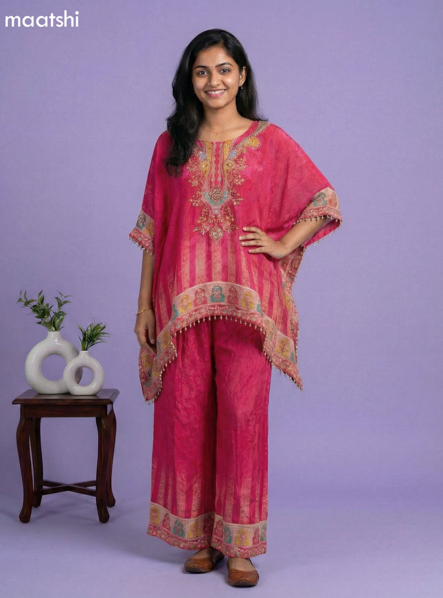 Candy Pink Crepe Silk Printed Kaftan Dress