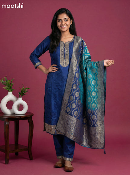 Blue and Teal Blue Art Tussar Embroidery Work & Jaccard Pattern Straight Suit