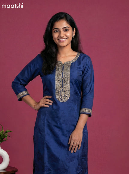 Blue and Teal Blue Art Tussar Embroidery Work & Jaccard Pattern Straight Suit