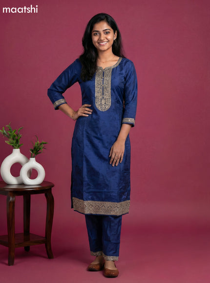 Blue and Teal Blue Art Tussar Embroidery Work & Jaccard Pattern Straight Suit