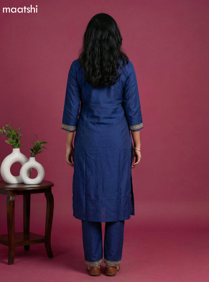 Blue and Teal Blue Art Tussar Embroidery Work & Jaccard Pattern Straight Suit