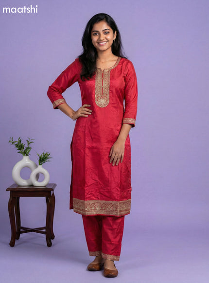Pink and Orange Art Tussar Embroidery Work & Jaccard Pattern Straight Suit